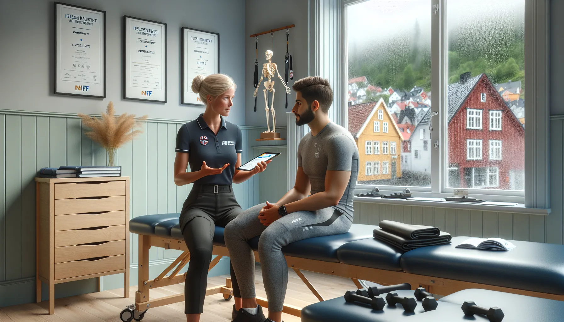 Physiotherapist in bergen reviewing treatment plan with patient in bright clinic.