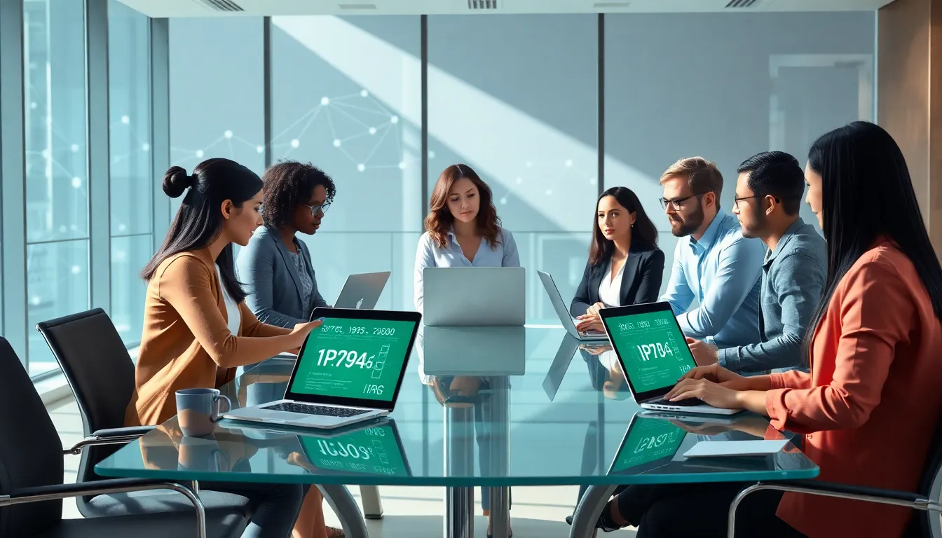 diverse team discussing IP addresses in a modern office.