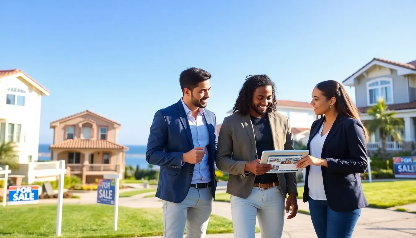 couple discussing home options in a modern San Diego neighborhood.