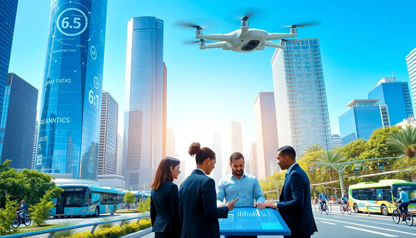 futuristic smart city with diverse professionals analyzing urban data.