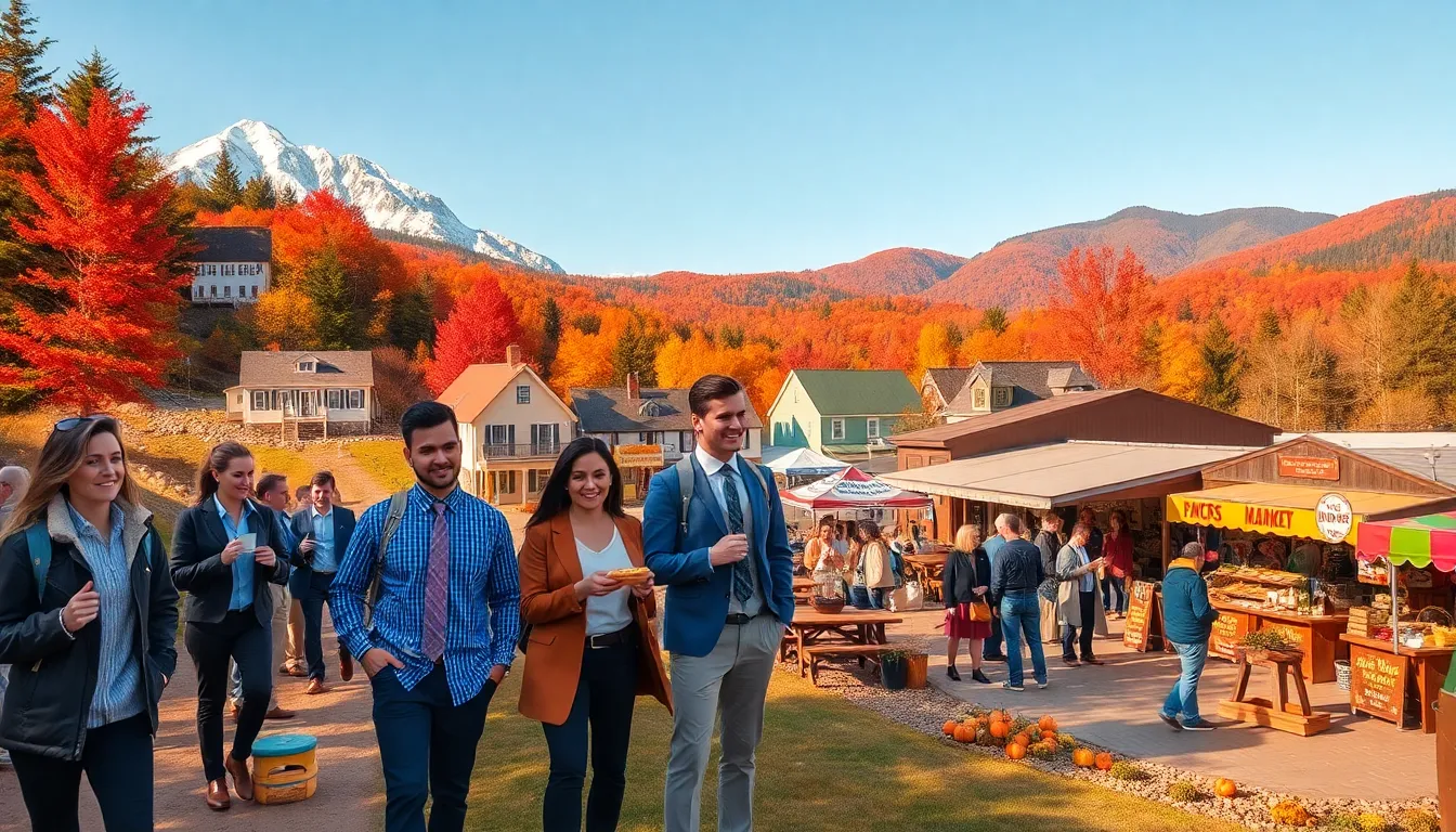 diverse group enjoying weekend getaway in New England's autumn scenery.