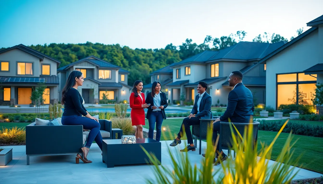 diverse professionals discussing in a modern residential community.