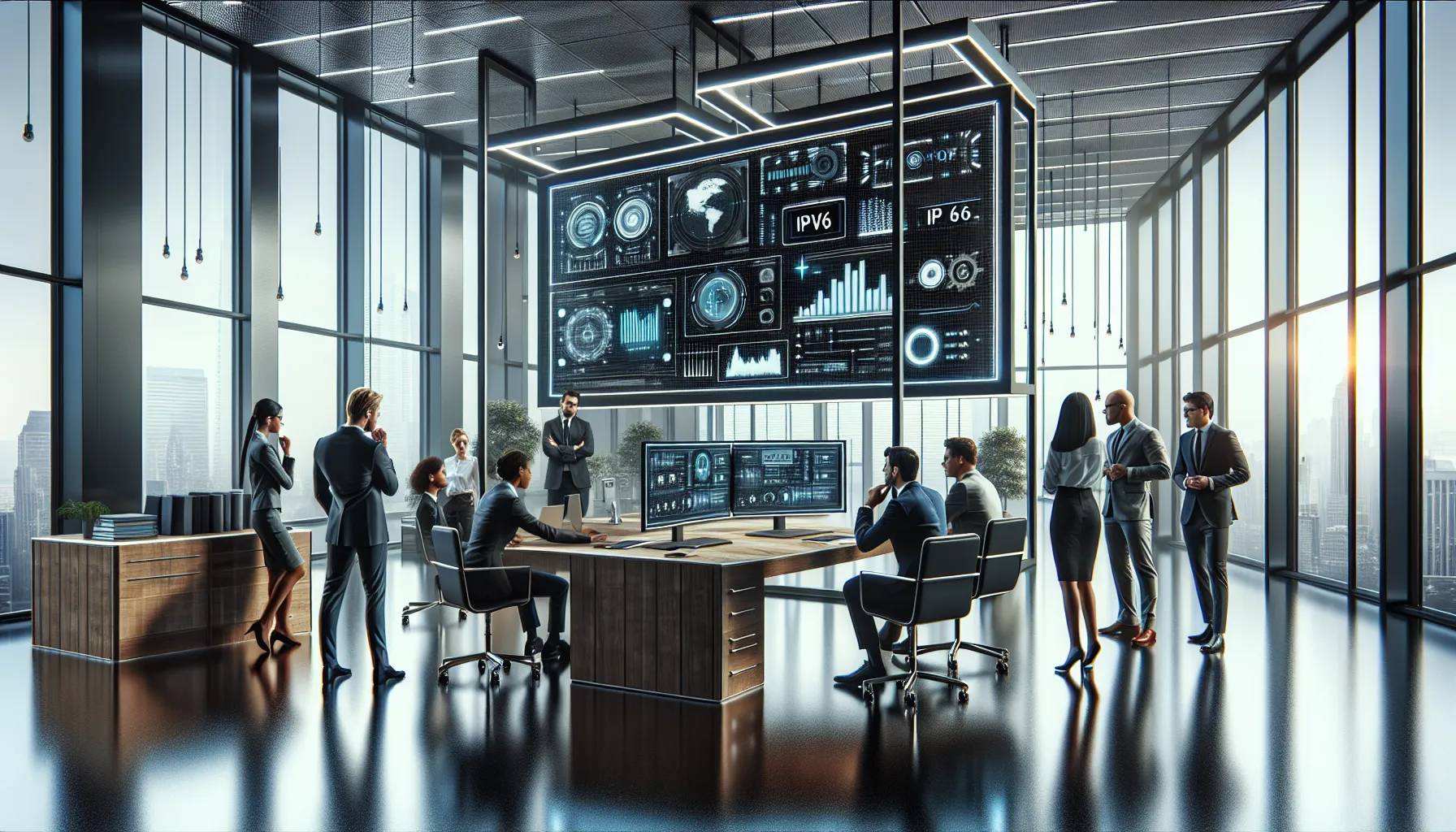 professionals discussing IP addresses in a modern office.
