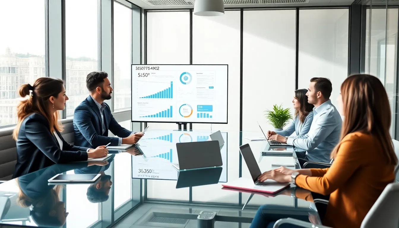 diverse professionals discussing technology in a modern office.
