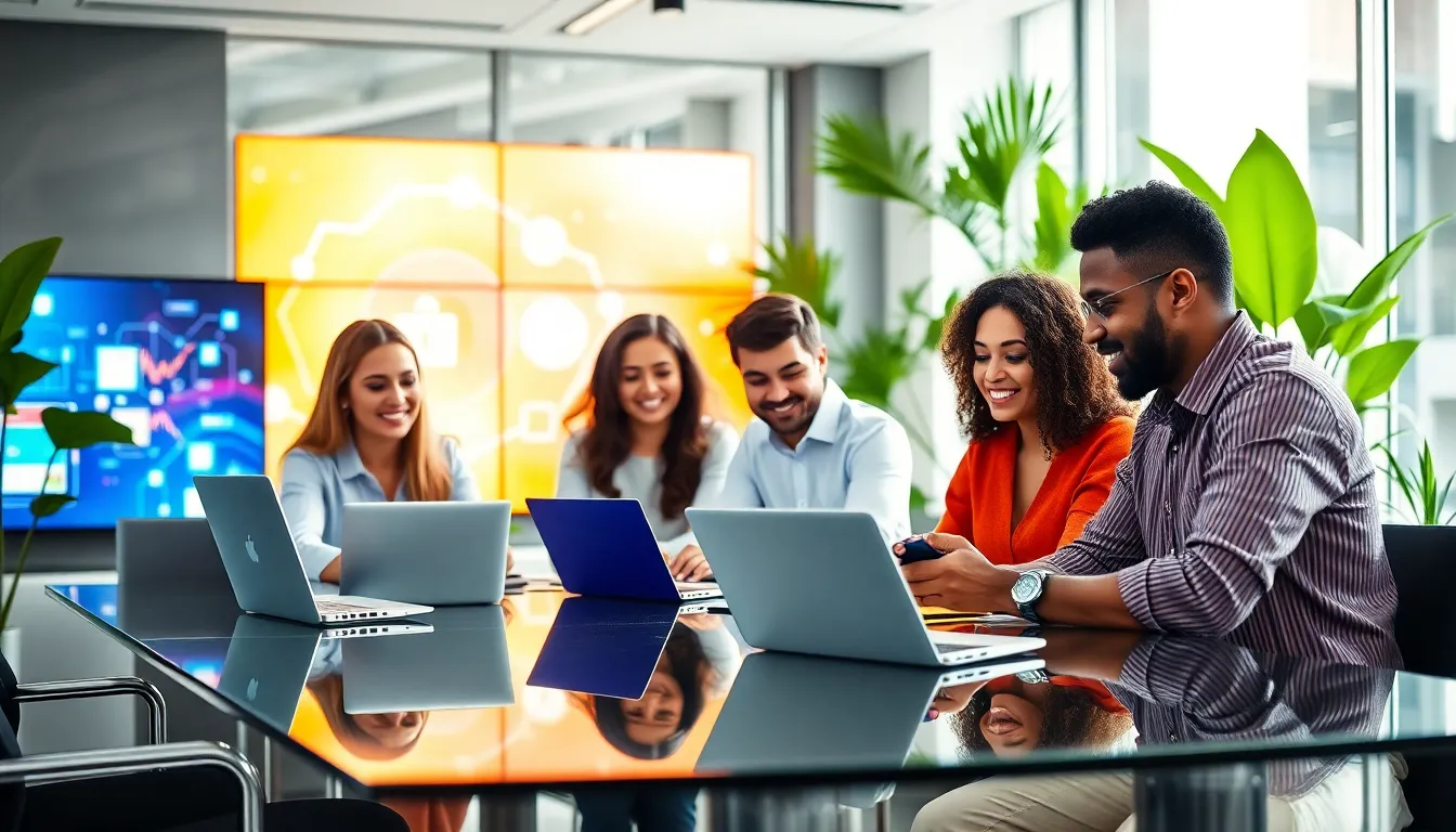 diverse team collaborating in a modern office setting.