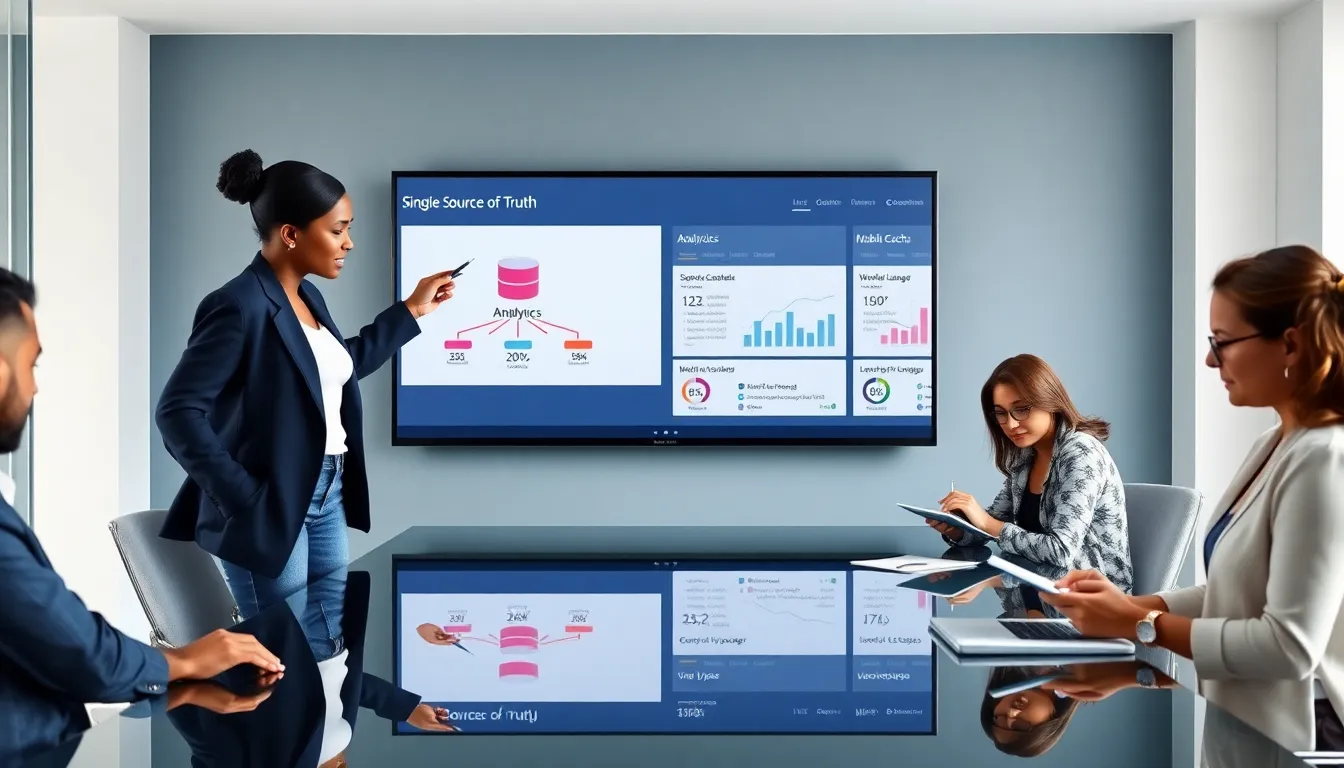 Engineer presenting a database dashboard to a diverse product team in a modern office.