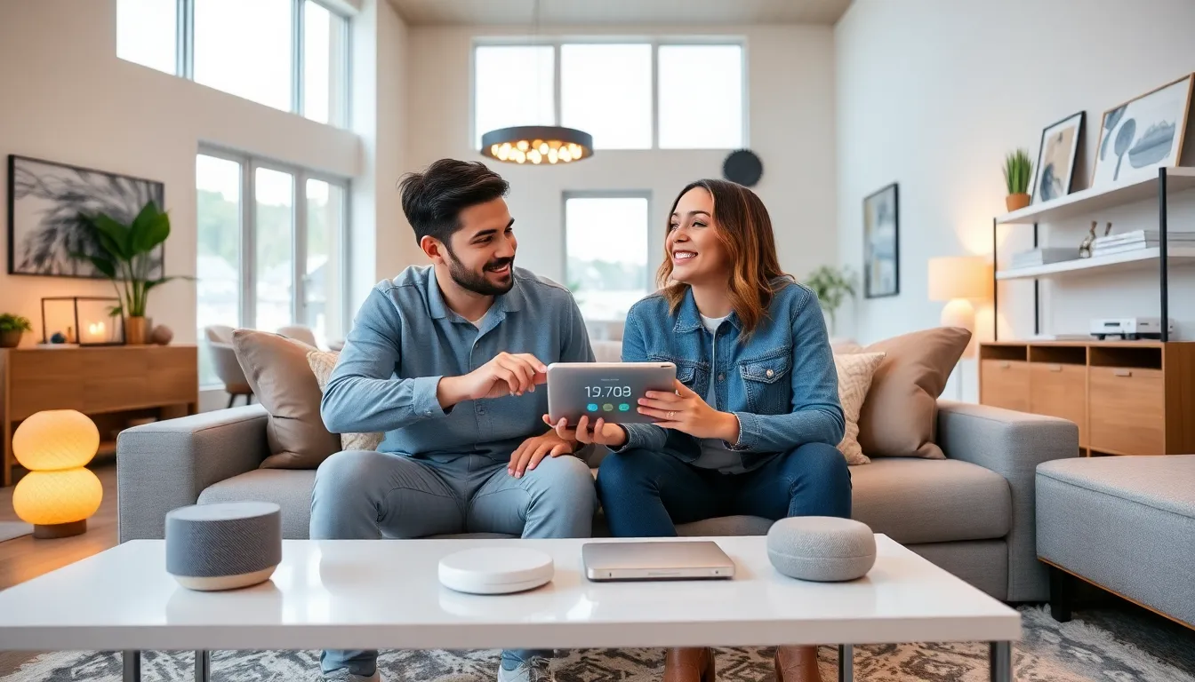 a couple discussing smart home technology in a modern living room.