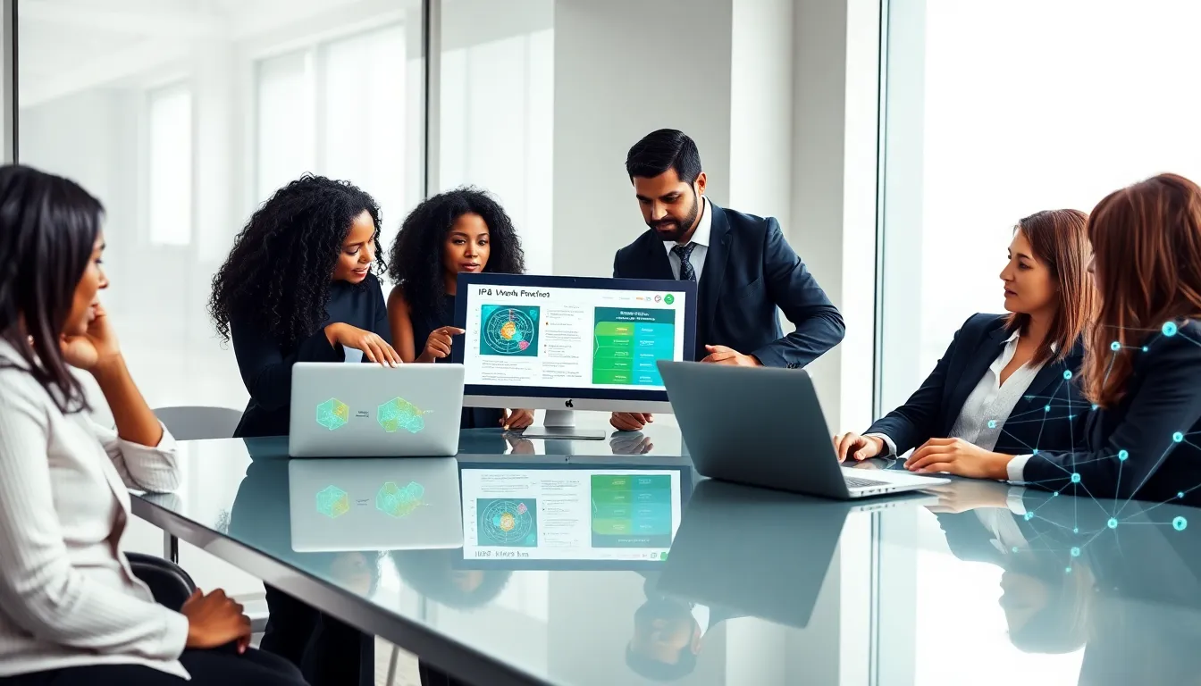 diverse IT team discussing IP addresses in a modern office.