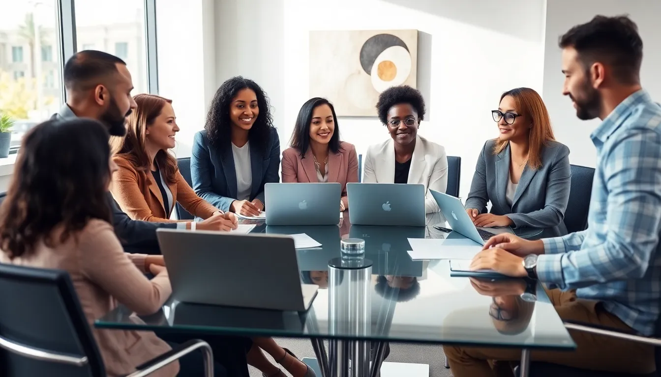diverse professionals collaborating on work-life balance strategies in an office.