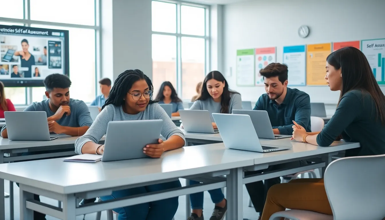 diverse students engaged in self-assessment activities in a modern classroom.