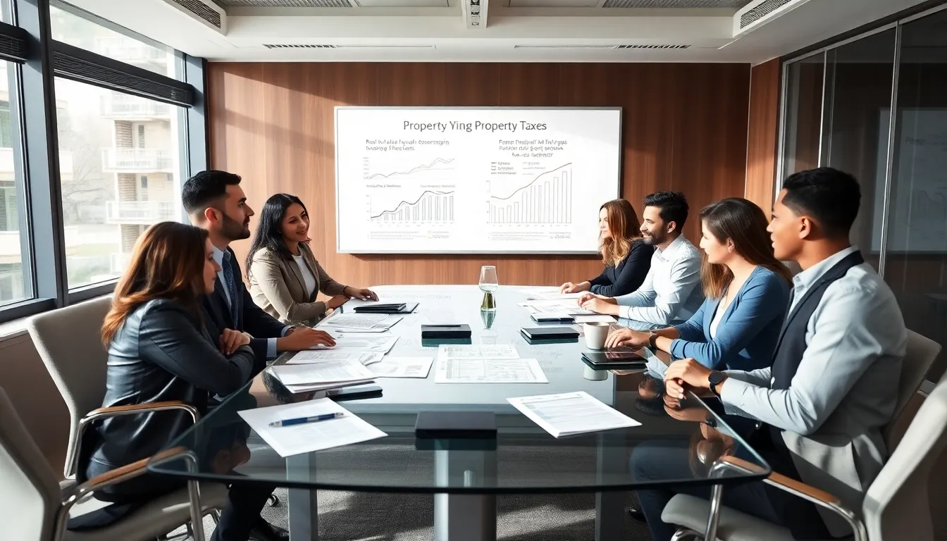 diverse professionals discussing property taxes in a modern office.