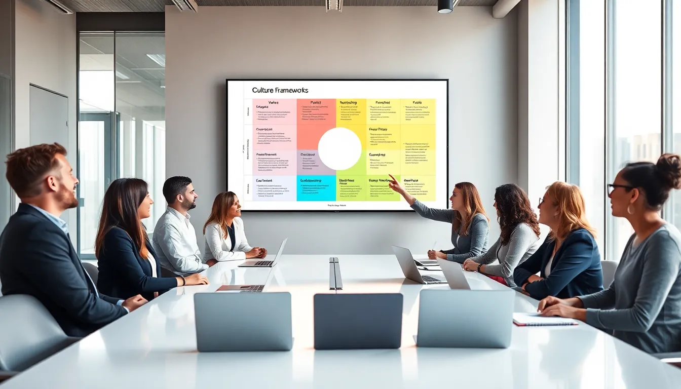 diverse team discussing a culture framework in a modern office.