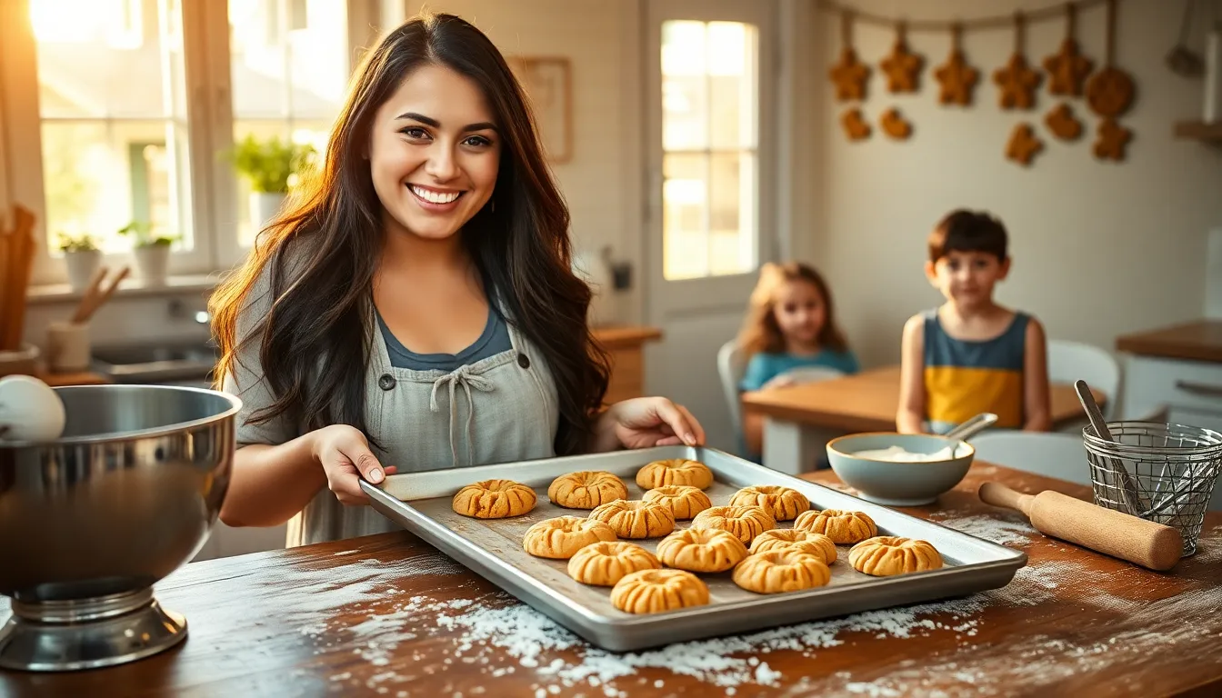 A woman pulls golden cookies from the oven in a cozy kitchen.