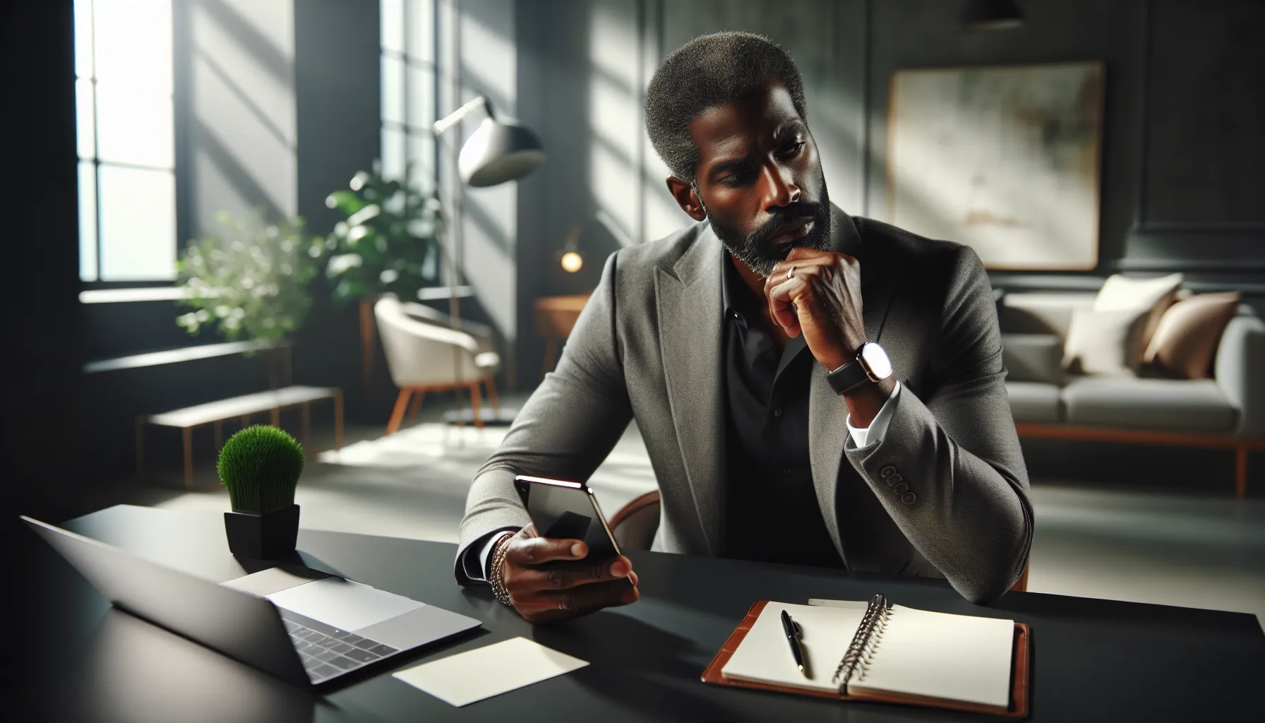 man considering whether to answer a call from an unknown number.