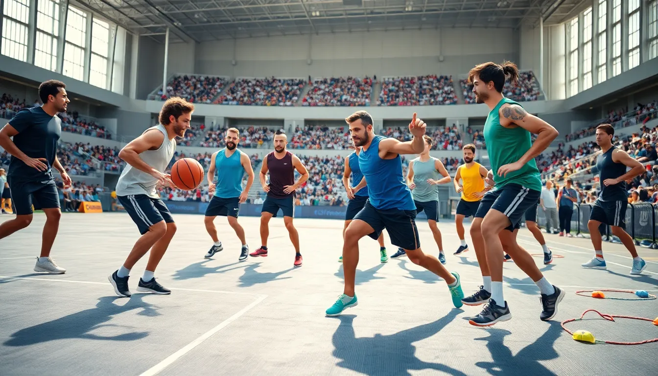 diverse athletes training in a dynamic sports environment.