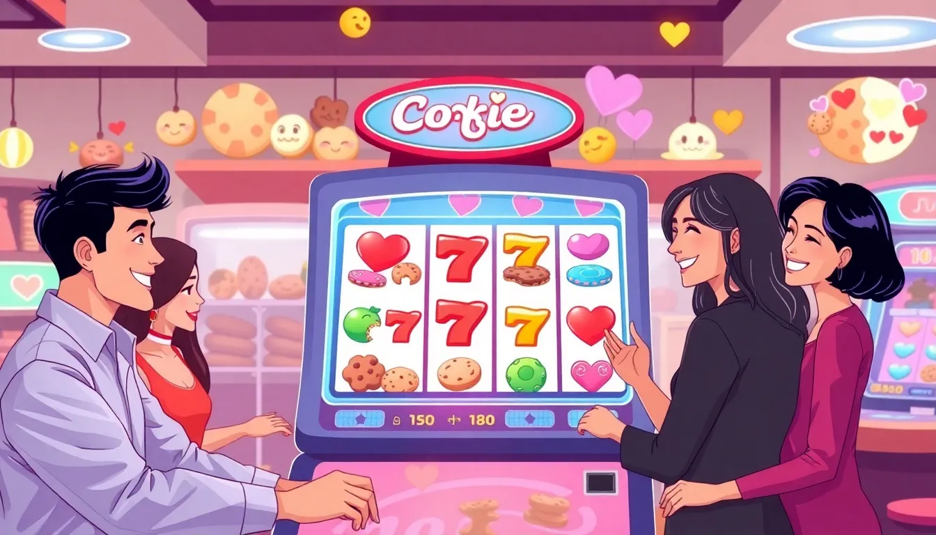 diverse players enjoying a whimsical cookie-themed slot machine game.