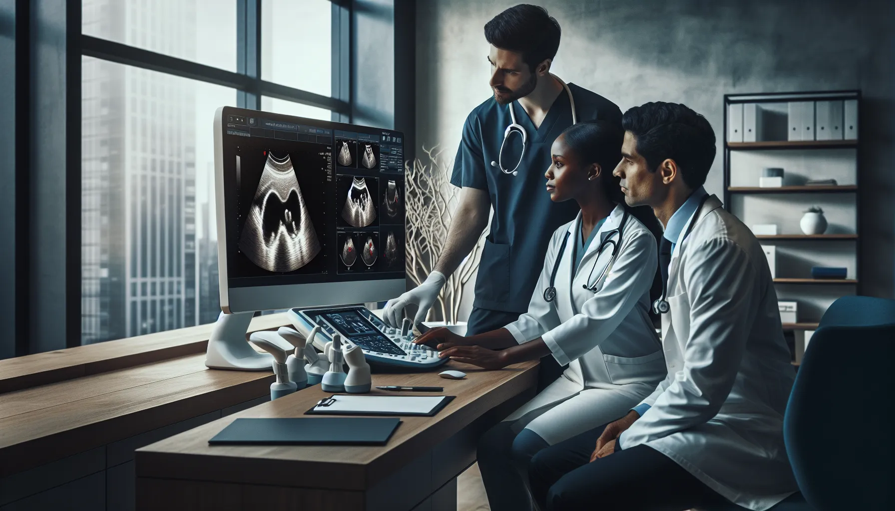 medical team discussing ultrasound images in a modern healthcare setting.
