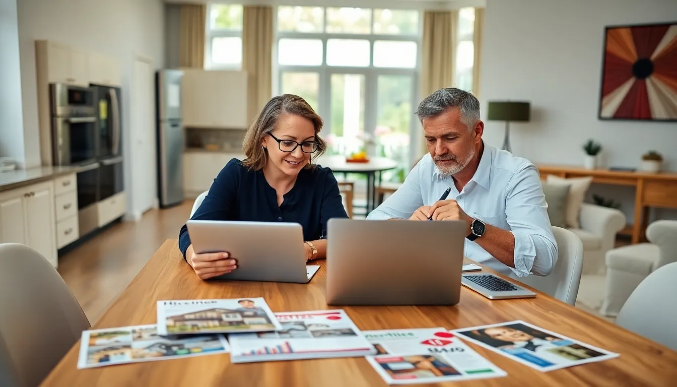 a couple analyzing real estate trends in a bright modern living room.