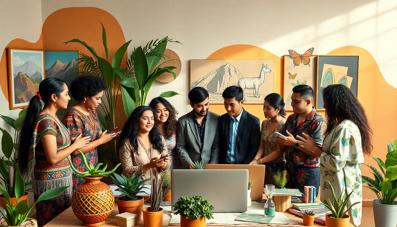 diverse group celebrating South American culture in a modern workspace.