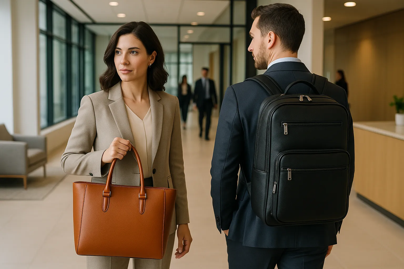 Professionals compare stylish tote bag and backpack in a modern office.