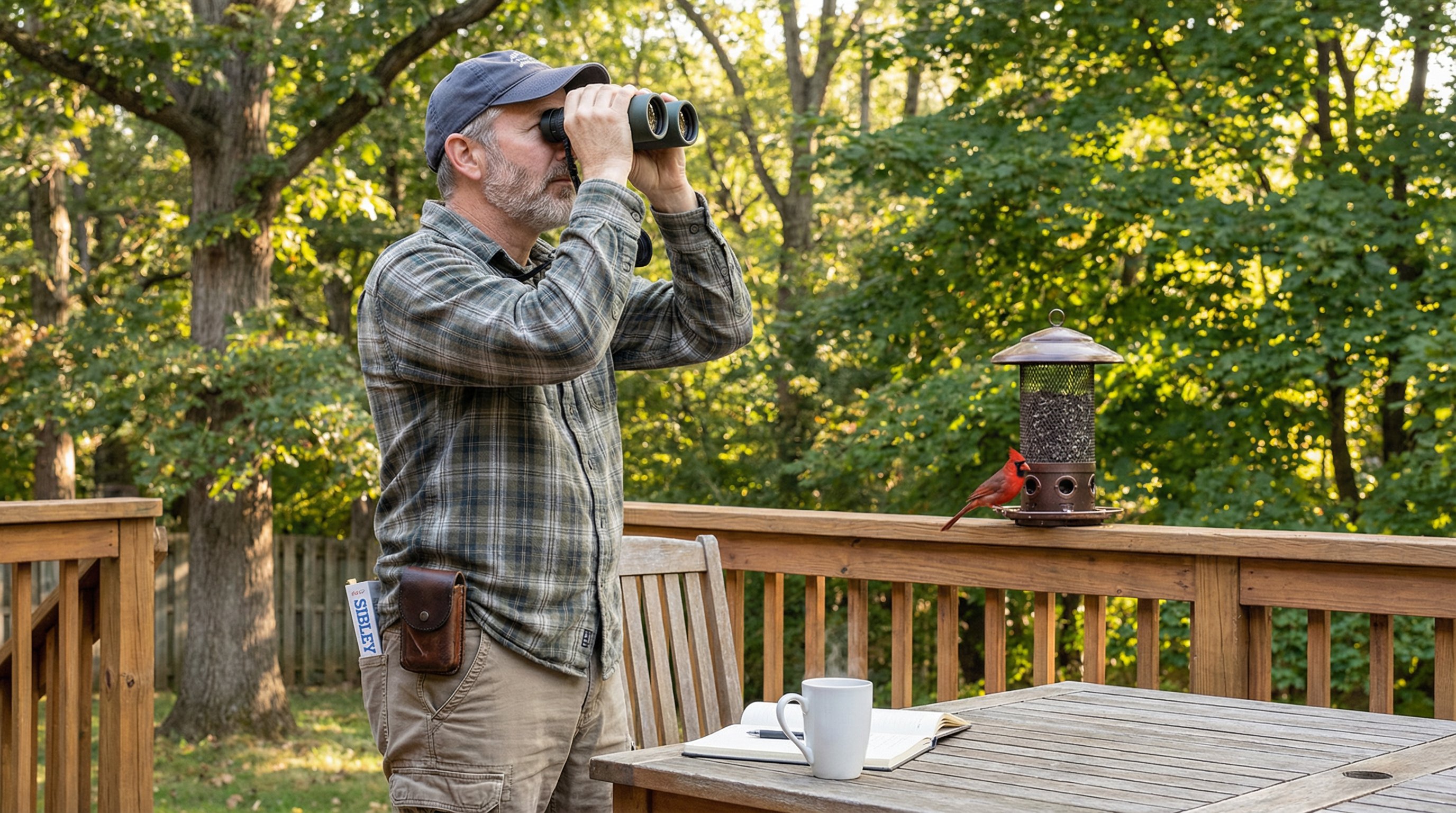 A man birdwatching with binoculars in his backyard near a bird feeder.