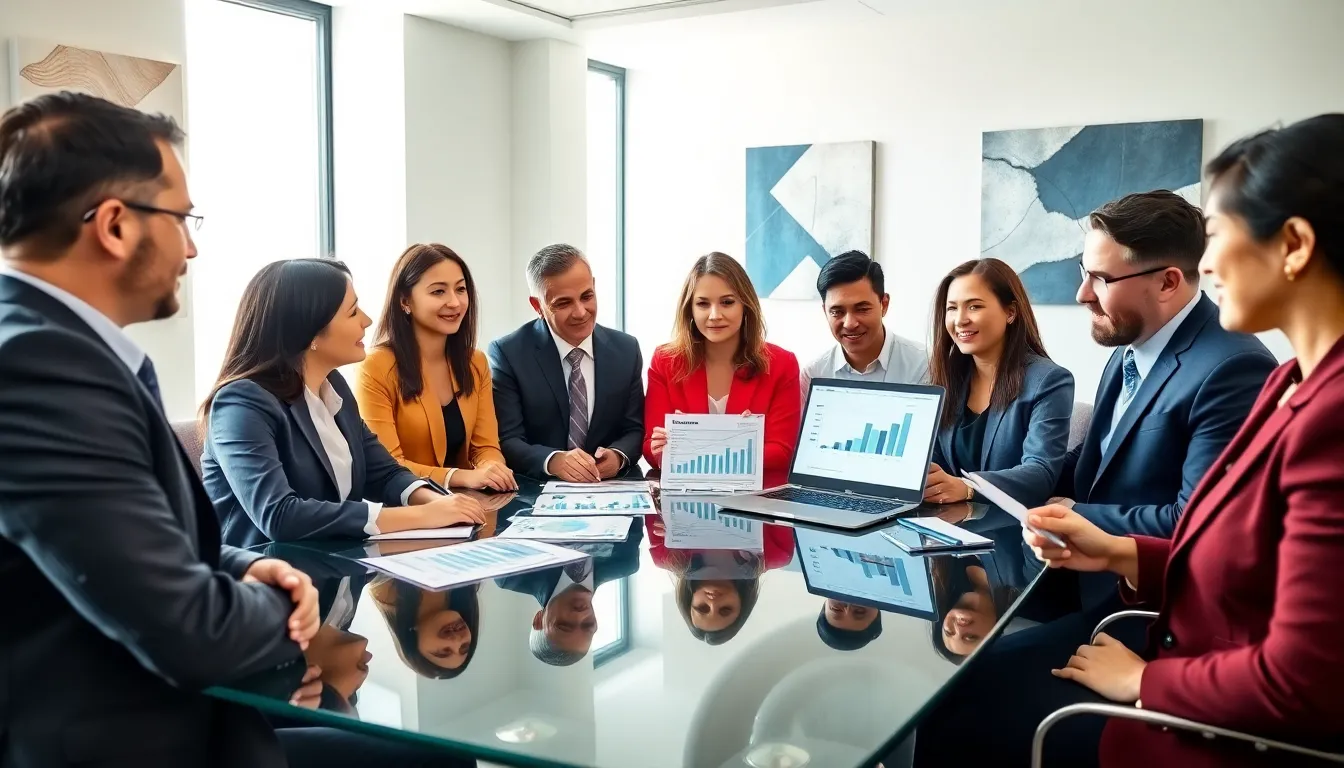 diverse professionals discussing debt solutions in a modern office.