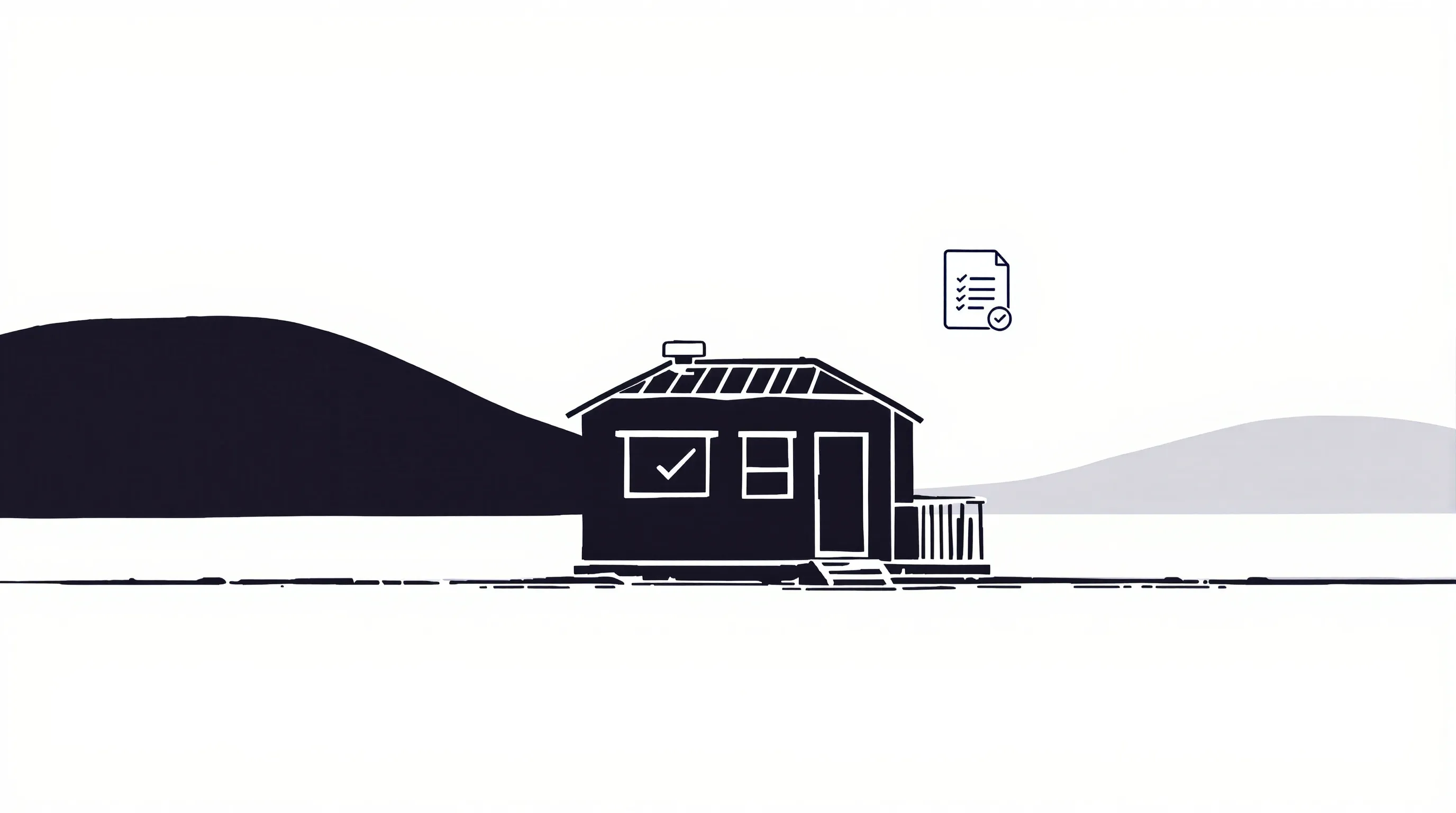 A minimal mobile house silhouette with a document icon on simple ground.