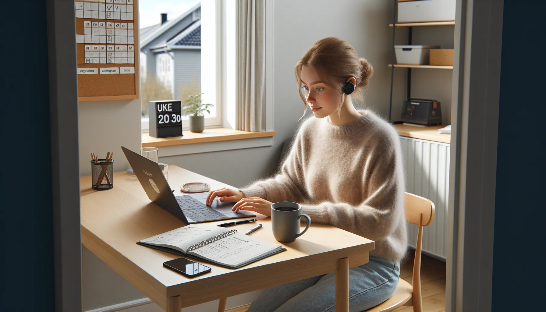 Norwegian woman studying an online course at a tidy, distraction-free desk.