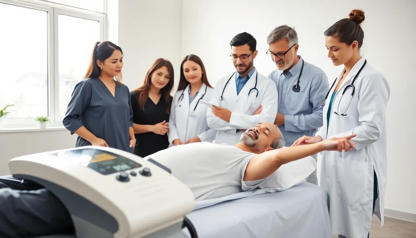 healthcare team demonstrating electrotherapy treatment in a modern clinic.
