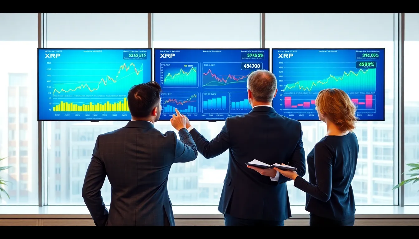 professionals analyzing XRP cryptocurrency price trends in a modern office.