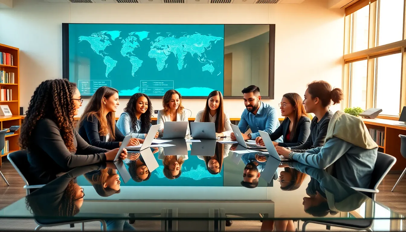 diverse graduate students discussing global affairs in a modern classroom.