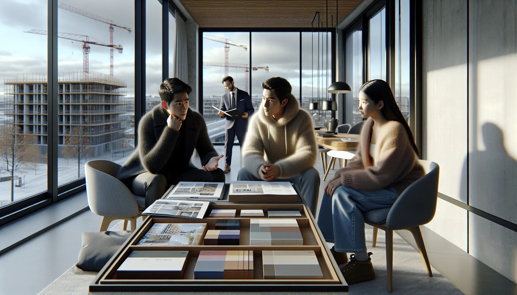 Concerned couple reviews new-build specs and costly extras in a norwegian showroom.