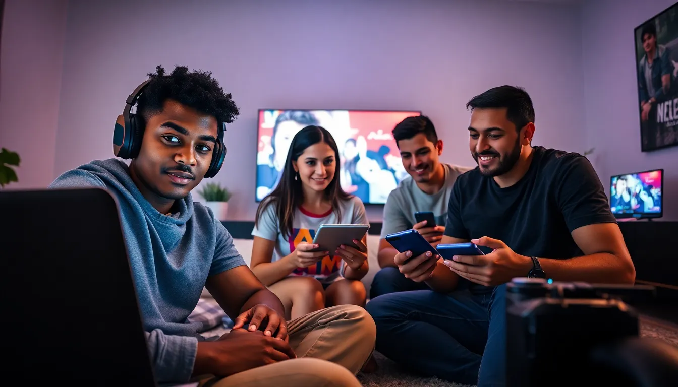 a diverse group of gamers enjoying video games on various devices in a modern living room
