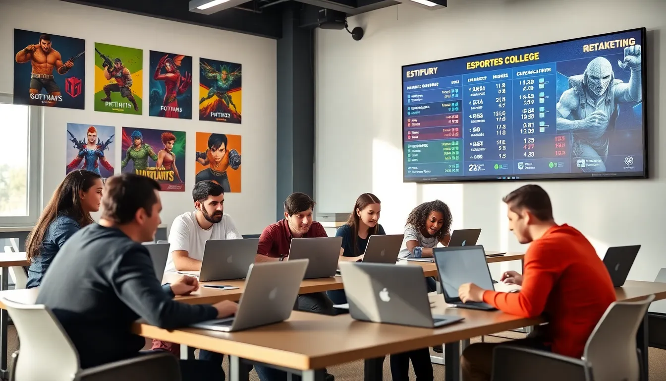 diverse students collaborating in an esports college classroom.