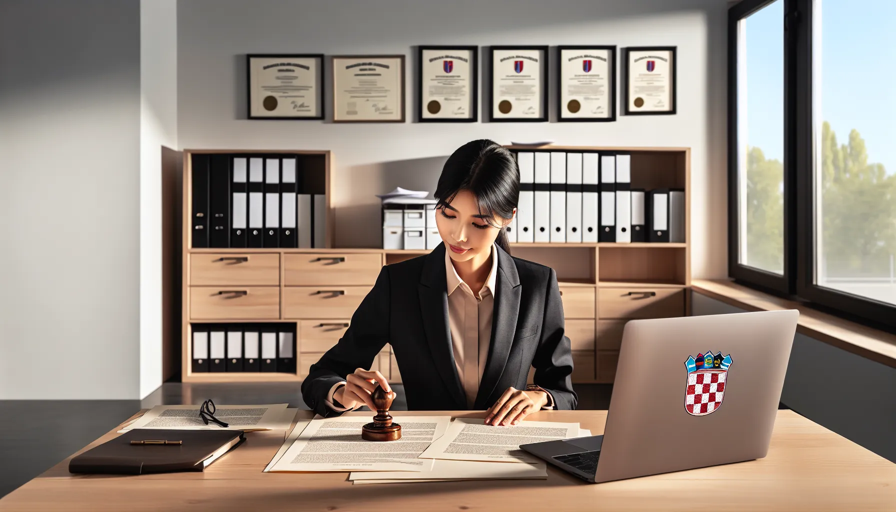 Croatian notary stamping rental contract documents in modern legal office
