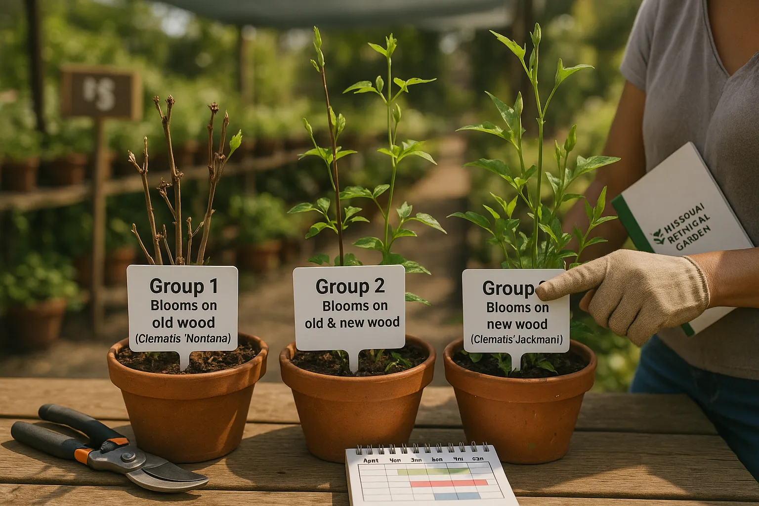 Three labeled clematis pots (Groups 1–3) with pruning shears and calendar.