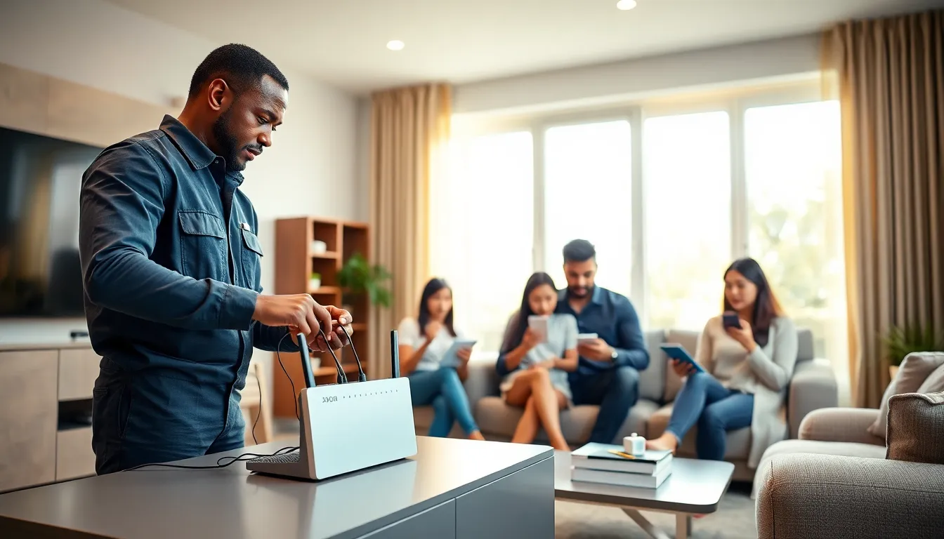 technician setting up home networking in a modern living room with a family.