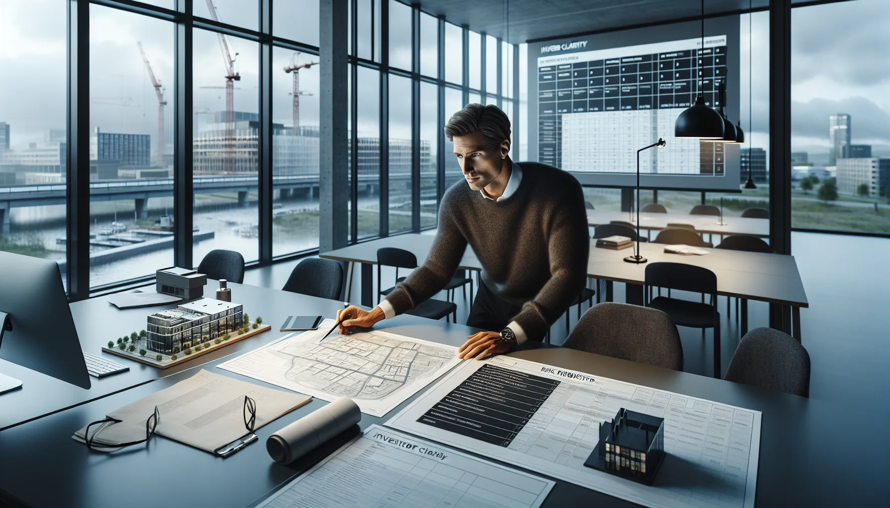 Hvordan utvikle en effektiv strategi for å tiltrekke investorer til byggeprosjekter 2 Project manager reviews plans, milestones, and risk register for a norwegian building project.