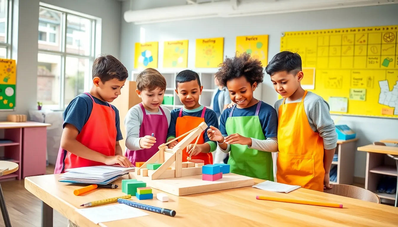 children engaging in a STEAM project in a colorful classroom.