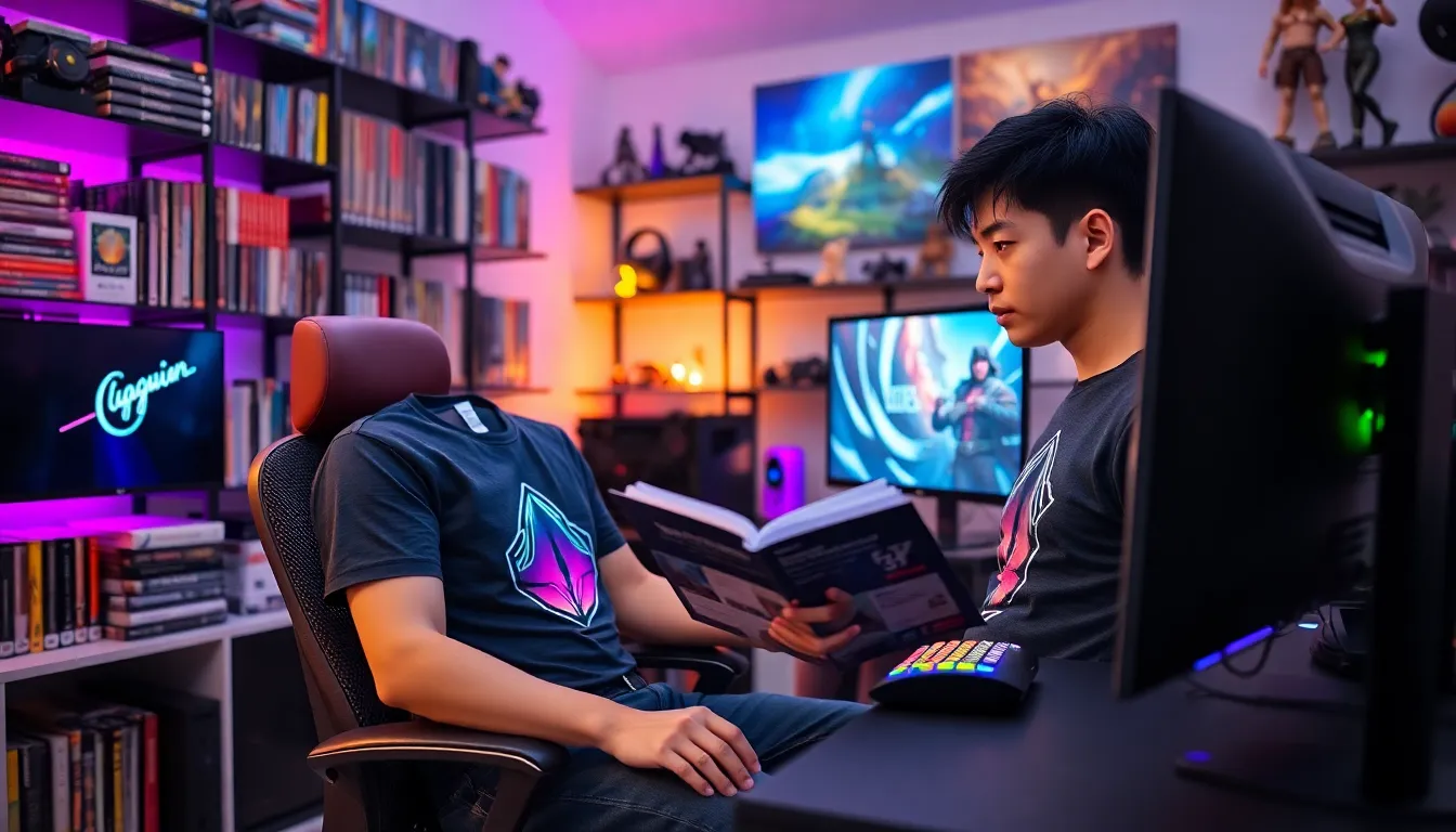 Larry, an Asian man, reviews gaming guides in a modern gaming room.