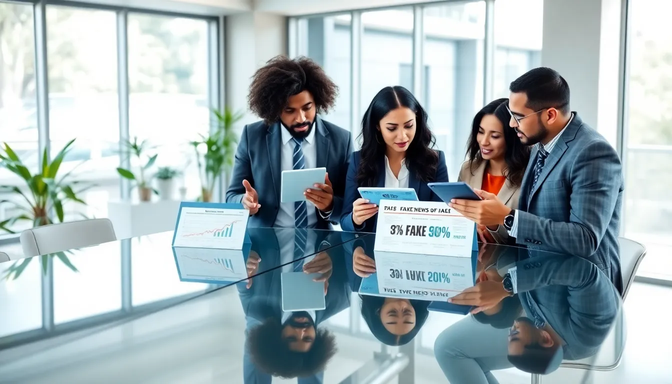 diverse professionals discussing social media fake news in a modern office.