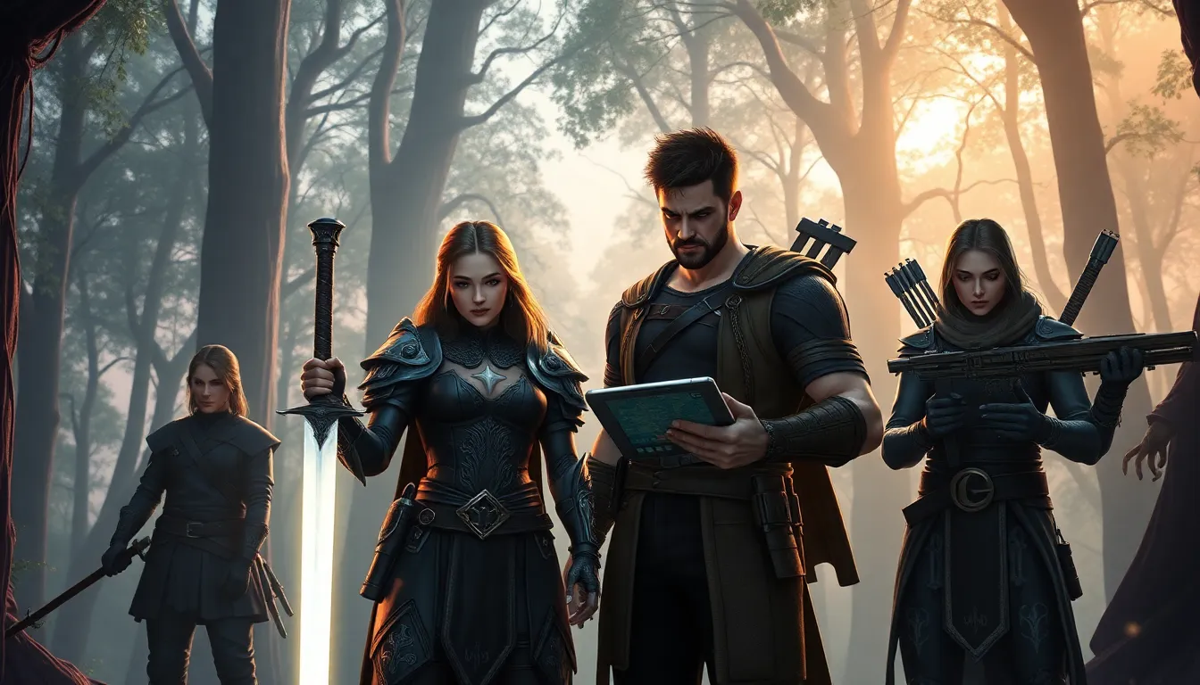 Diverse Daemonhunters preparing for battle in a mystical forest.