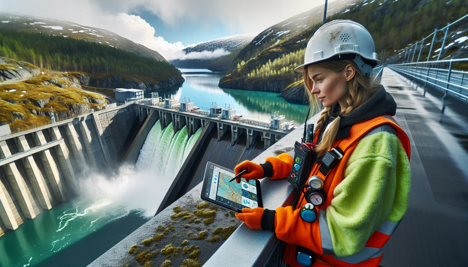 Young engineer analyzing energy and environment data at norwegian hydropower dam.