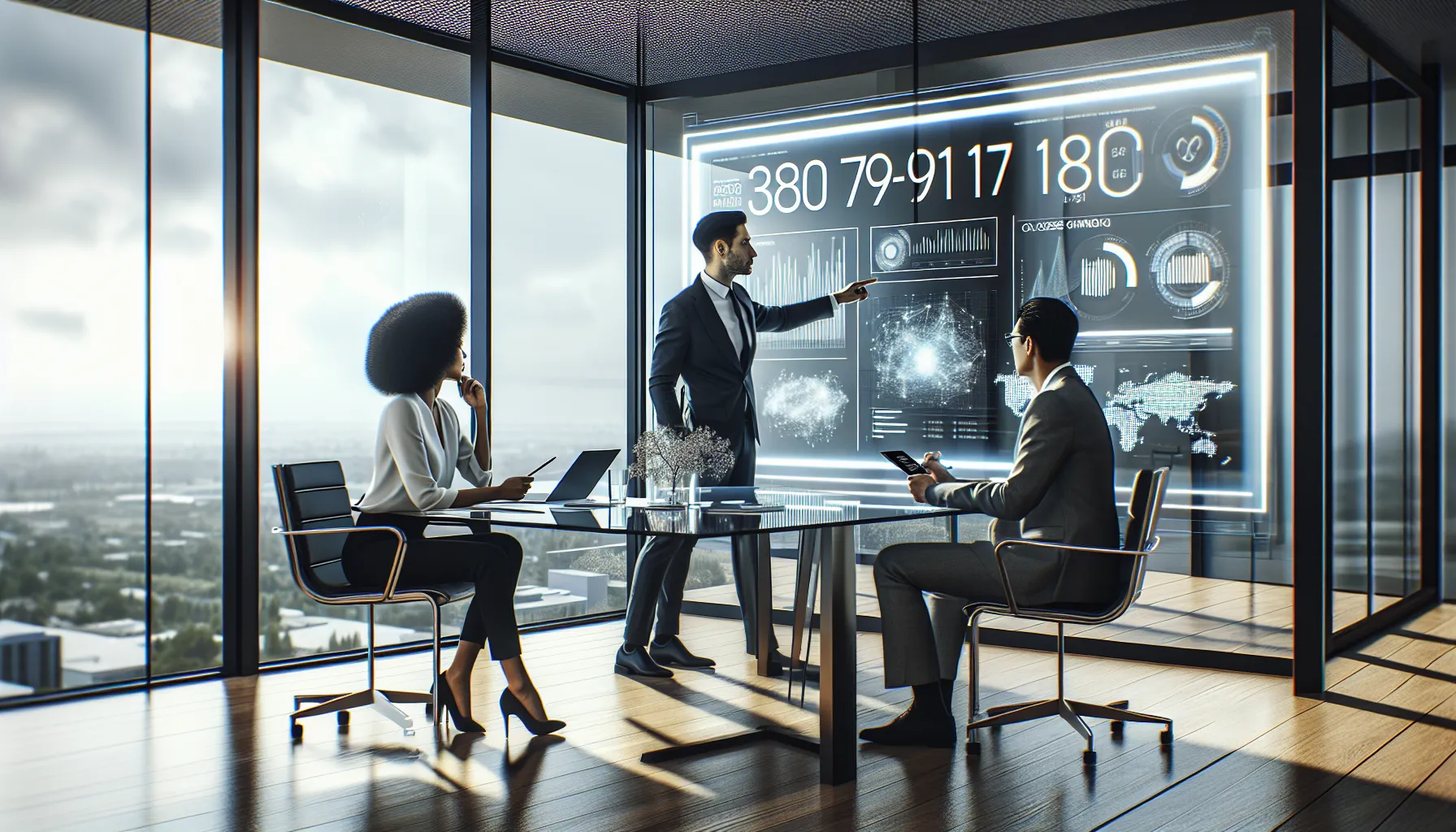 diverse professionals discussing the significance of a key number.