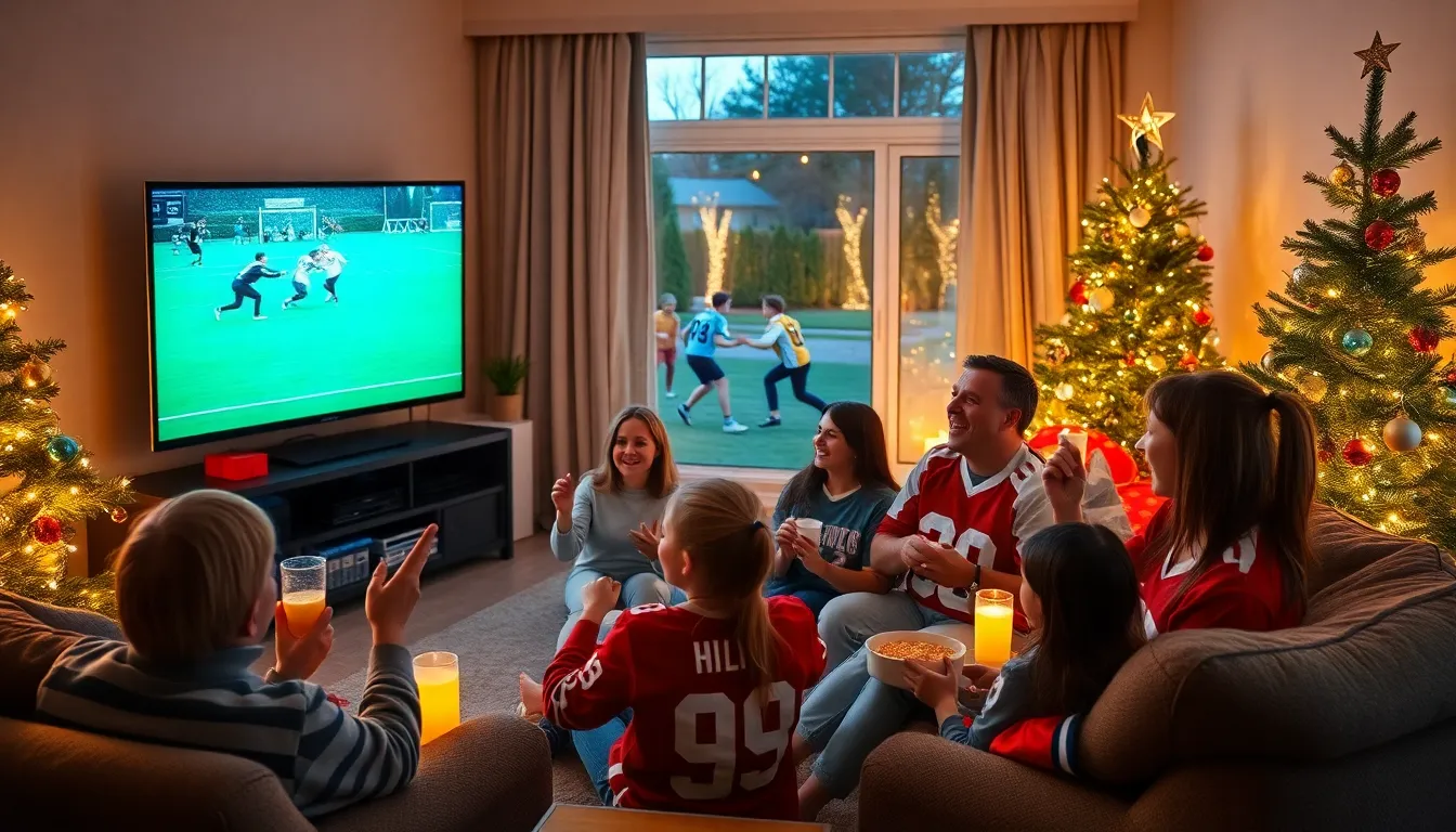 family enjoying sports games together in a festive living room.