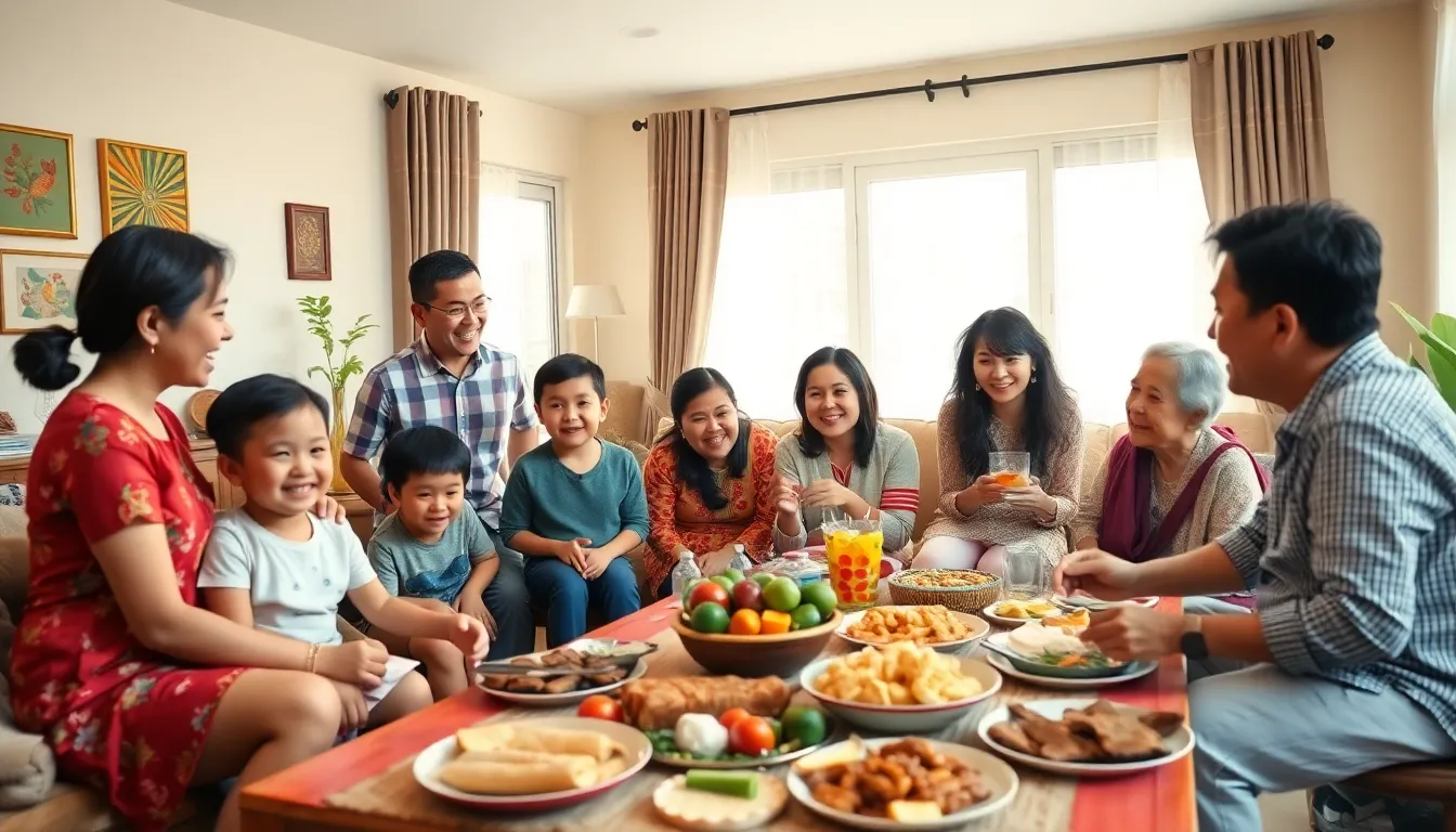 Filipino family celebrating together in a cozy living room.