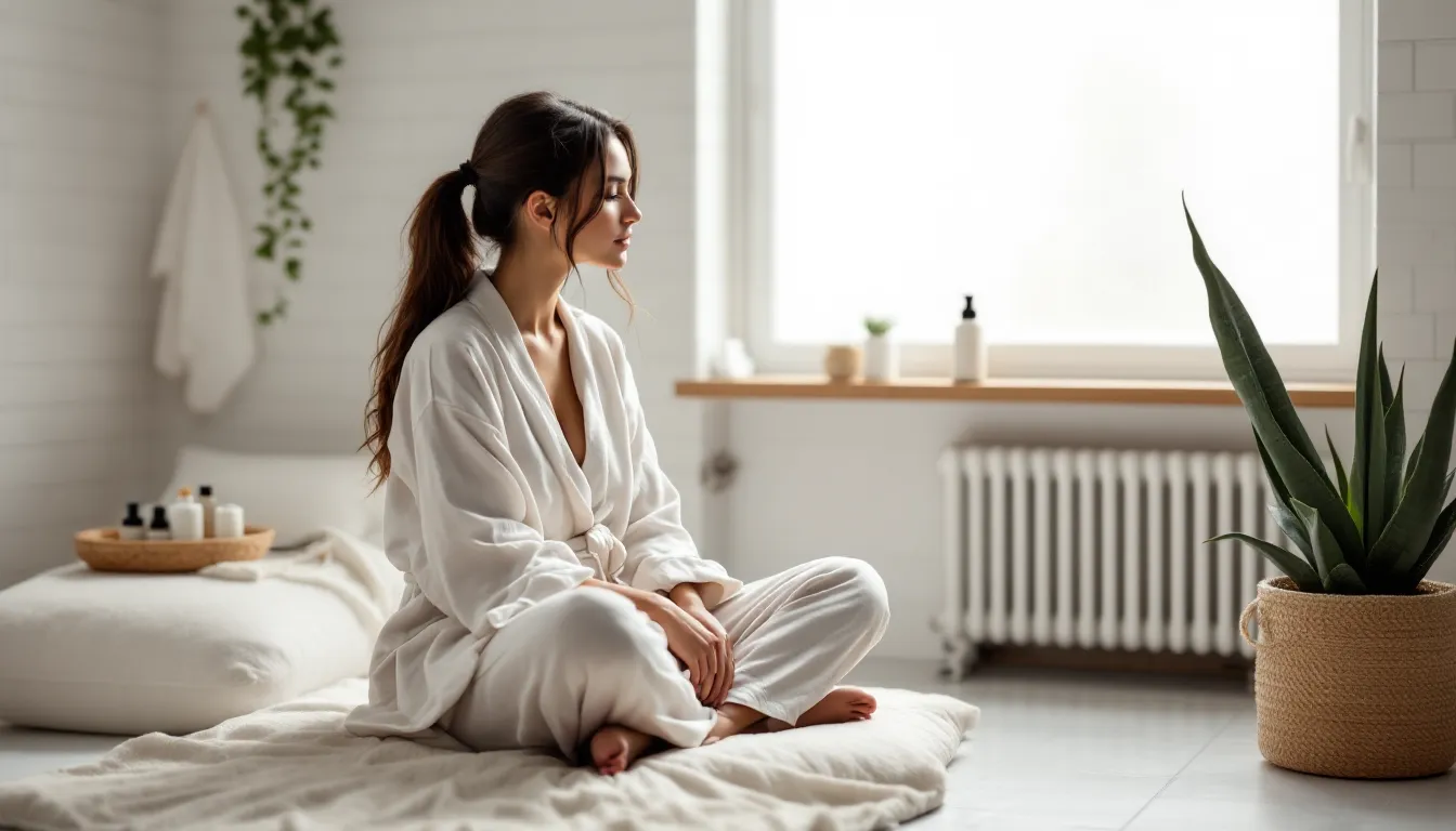 Woman with three minimalist skincare products on a wooden tray in a sunlit bathroom.