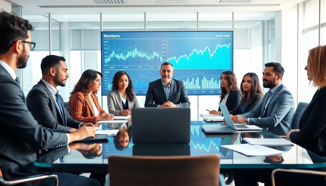 diverse professionals discussing data trends in a modern office.