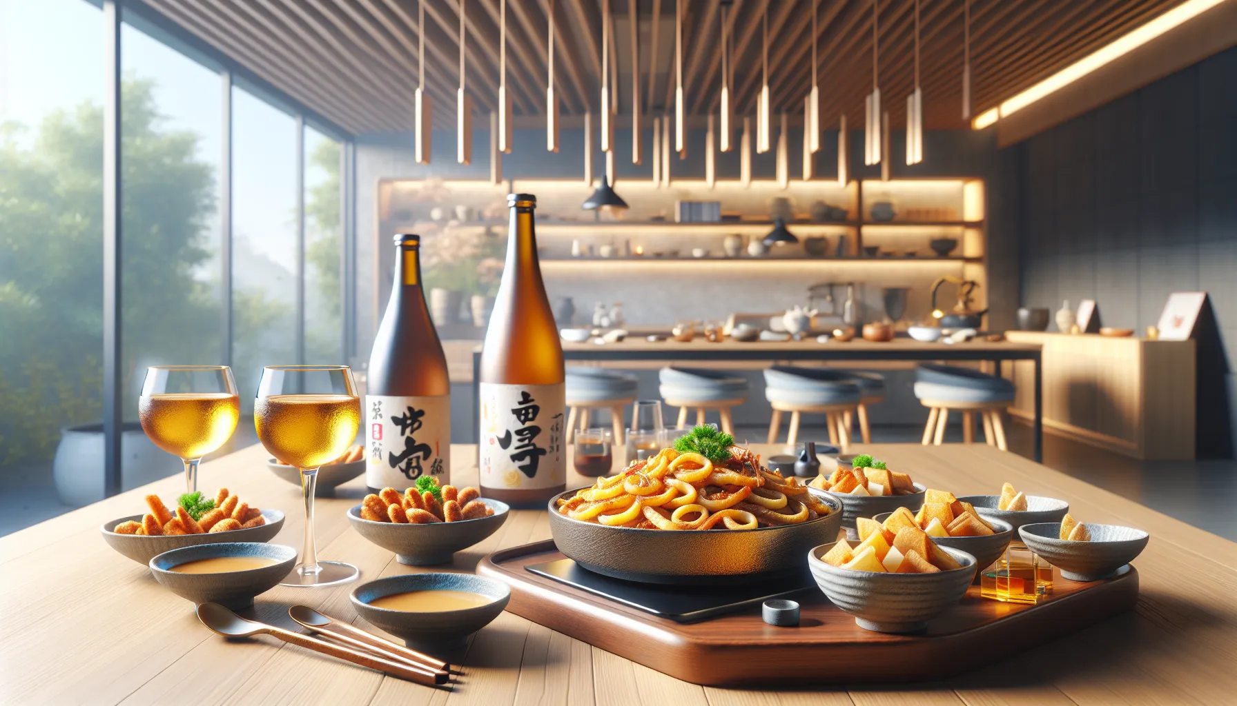 assorted Japanese snacks on a wooden table in a modern kitchen.