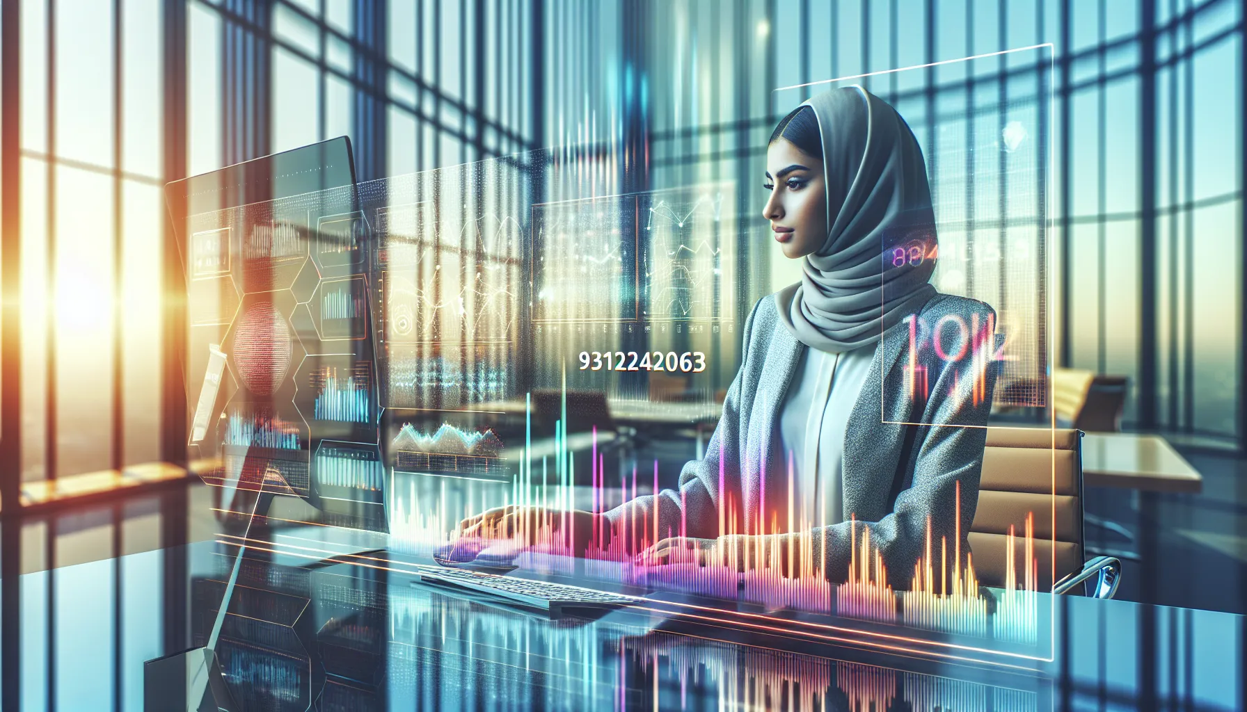 Analyst reviewing data metrics in a modern office setting.